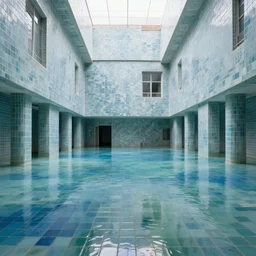 the interior of an expansive building with surreal architecture, partially flooded with blue - green water, made of ceramic tiles, liminal space, - n 9