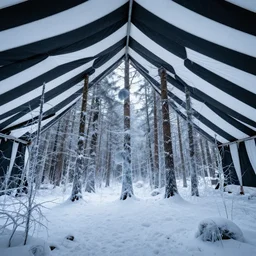 a forest made entirely of ice inside of a massive tent with black and white stripes by gerald brom, 4 k, masterpiece, ambient light