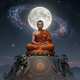 high definition render of a monk on top of a mountain, alex gray, psychedelic, 1 9 6 0 s, illustration, full moon, galaxy, milky way, buddhism, 8 k, intricate details, elegant, cinematic
