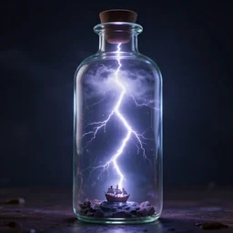 huge lightning storm inside a bottle, little pirate ship in the horizon, dark background, volumetric lighting, unreal engine, ultra detailed, high resolution, by emmanuel shiu