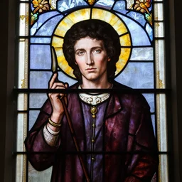 charles manson on a realitic stained glass window