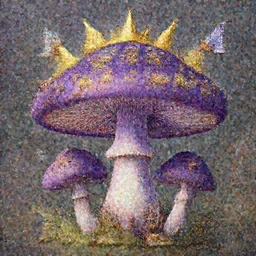 purple mushroom in front of 13 suns designed in gold calligraphy with fairies and ladybugs, extremely detailed, 8k