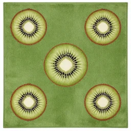 3 5 mm photo of green persian rug texture with huge kiwi fruits ornaments, top view, symmetrical, beautiful, square