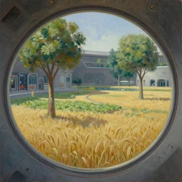 a cinematic view of the inside of an orbital space habitat, farming landscape with trees and fields of wheat, retrofuturism, scifi are, oil on canvas
