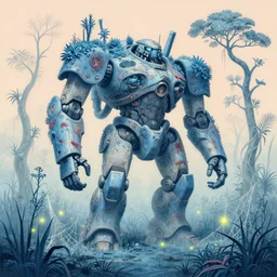grainy risograph matte painting of gigantic huge mech covered with wounds, blue, exotic vegetation, trees, flowers, tall grass, pastel matte colors, staying in the foggy huge swamp covered with web and cotton, fireflies, by moebius, hyperrealism, intricate detailed