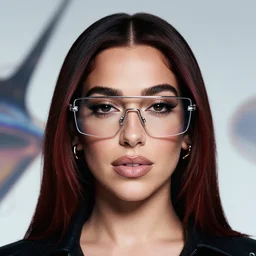 A photorealistic portrait of beautiful dua lipa wearing futuristic glasses on an abstract background, album cover design