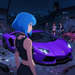 digital illustration of cyberpunk pretty girl with blue hair, looking at a purple lamborghini, back view, in junkyard at night, by makoto shinkai, ilya kuvshinov, lois van baarle, rossdraws, basquiat