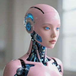 natural light, soft focus portrait of a cyberpunk anthropomorphic female robot with soft synthetic pink skin, blue bioluminescent plastics, smooth shiny metal, elaborate ornate head piece, skin textures, by annie leibovitz, paul lehr