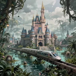post - apocalyptic magic kingdom, wasteland, submerged, monorail, abandoned, wet, swamp, walt disney world, highly detailed, intricate, 8 k