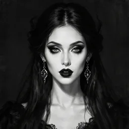 digital art painting portrait of elegant gothic lady with earrings, black and white, hard edges, high quality, textured, by caestrad, cell shading, dark background, mystic, goddess, perfect lighting, high contrast, arstation, artgerm, wlop, 4 k