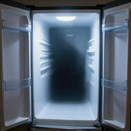 a fridge opening with a portal inside it leading to nowhere inside. dramatic photo.