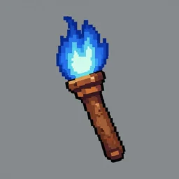 pixel art of a torch with blue fire, 2 d videogame asset,