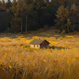 a romantic grassy landscape with a singular house during golden hour, a dense mysterious dark forest in the background, warm colors, wide angle, top view, high detail, modern art, oil painting