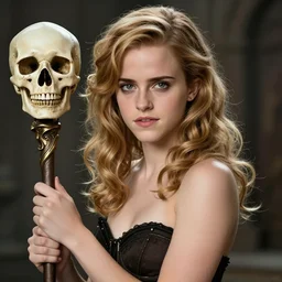 Emma Charlotte Duerre Watson, blonde curly hair, holding a skull staff, dark fantasy, symmetrical face two identical symmetrical eyes,feminine figure, smooth skin,gorgeous, pretty face, beautiful body, revealing outfit, high detail, realistic, cgsociety, artgerm, trending on artstation