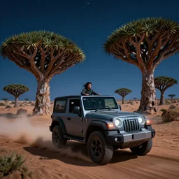 mahindra thar riding through moonlit socotra island with dragon trees, starry night, chasing action scene, epic fantasy, sharp focus, trending on ArtStation, masterpiece, by Greg Rutkowski, by Ross Tran, by Fenghua Zhong, octane render, soft render, ultrarealistic, colorful, cinematic, matte painting, shadow of the tomb rider