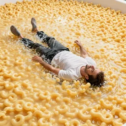 a man drowning in a giant pool of mac n' cheese. photograph. medium format.
