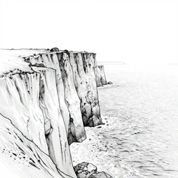 ocean cliffs drawing by Moebius, minimalist, detailed, black and white drawing