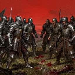 A fantasy battle between two groups of warriors on the hills. The first group on the left is dressed in detailed elaborate spiked armor. The second group on the right is dressed in berserk armor. You can see the red sky. Puddles and splashes of blood, severed limbs, anger on faces. Extremely high detail, realistic, medieval fantasy art, masterpiece, art by Zdzisław Beksiński, Boris Vallejo, Arthur Rackham