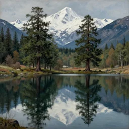 escher painting of a lake, big trees reflecting on lake surface, mountains at background, snowy, ultra sharp, ultra detailed, horror emotion, colorized by salvador
