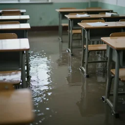 photo of a classroom, the floor is flooded with one meter deep water. eerie creepy