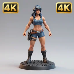 80mm resin detailed miniature of a very Muscular miner woman, sleeveless tops, helmet, stomach, navel, boots, Logo, textured base; Product Introduction Photos, 4K, view from front