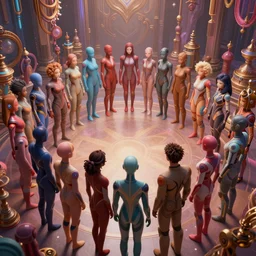 love, diverse slow cybersuits, from behind, connection rituals, wide wide angle, vivid, elaborate, highly detailed, beautiful lighting