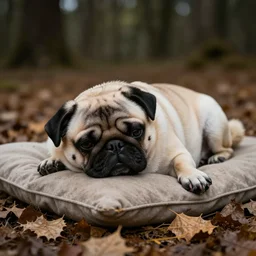 adorable pug sleeping on a pillow of dry leaves in a dark forest, detailed illustration in dotted, black and white, in the style of gustave dore's dante's inferno.