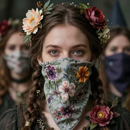 a stunning ultra detailed fantasy fine art portrait photo of witch, by tom bagshaw, michael cheval and natalie shau, bandana mask, 3 5 mm lens, golden ratio composition, deep depth of field, perfect eyes and face, flowery implants, flowerpunk, soft lighting, artstation, 8 k