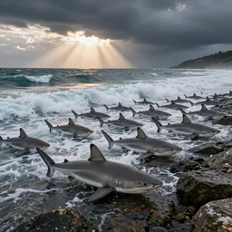 hundred sharks seen from a rocky shore, waves