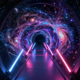 a multiverse hypertube hallway made of 4 d quantum expanding entangled particulate galaxies, cosmic, supernova, digital, matrix, futuristic, neon, glowing, octane render, unreal engine, photorealistic, lightsabers, 8 k, ultra detailed