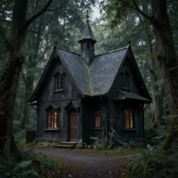fairytale cottage in mysterious woods, dark and gothic, full frame, art by james o barr and kay nielsen, black and white engraving, vector, vector art
