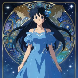 anime portrait, intricate, elegant, aquatic blue dress, astral background, digital painting, artstation, concept art, sharp focus, art by artgerm and greg rutkowski and alphonse mucha, style of makoto shinkai