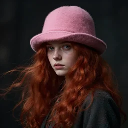 realistic, dramatic, fantasy, render of a redhead young girl, with a pink wool street hat on her head, by wlop, artgerm, greg rutkowski, alphonse mucha, beautiful dynamic, dramatic, dark, moody lighting, shadows, cinematic atmosphere, artstation, concept design art, octane render, 8 k