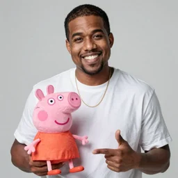 kanye west smiling holding peppa pig for a 1 9 9 0 s sitcom tv show, studio photograph, portrait c 1 2. 0