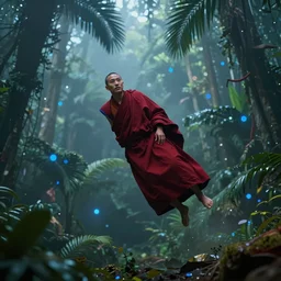 wide angle single shot of flying body of tibetan monk dressed in traditional red cloth in weightlessness inside tropical jungle with palm leaves, small foggy and gloomy, blue lights, bokeh background, highly detailed science fiction illustration by jeremy geddes. photorealistic, octane render, hyper detailed, 8 k, movie still, artstation, unreal engine