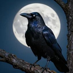 a hyper-detailed fantasy wallpaper book cover, close-up portrait of a crow on a tree in front of the full big moon; an extraordinary masterpiece!!!; flawless; proud posture; photorealistic eyes; trending on artstation; f/1.4; 90mm