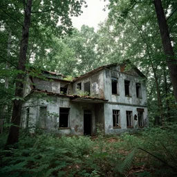 an abandoned building in the middle of a forest.