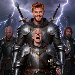 stunning portrait of ( ( ( laughing ) ) ) ( ( ( ( copper haired chris hemsworth ) ) ) ) as destruction from sandman looking like kristofer hivju!!, medival armour!! and weapons, by jeremy mann, by frank moth, by jeff easley, by alphonse mucha, dave mckean, thunder & lightning, soft lightning, high detailed, 8 k