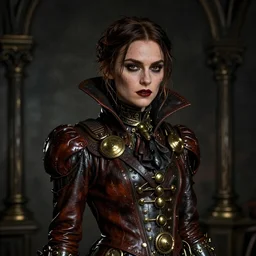 Keira Knightley as a Victorian vampire, steampunk, leather, brass, dramatic chiaroscuro, wet surfaces, hd render, 4k, 8k, trending on deviantart,