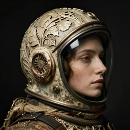 a woman's face in profile, wearing a vintage space helmet made of elaborate intricate delicate leaf skeleton, in the style of the dutch masters and gregory crewdson, dark and moody