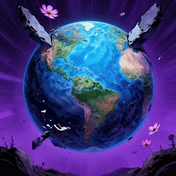 A ruined cosmos of broken planet by Daniel Sampere. 8K Resolution. Comic Illustration. HD. 16k resolution HD HDR. Blue and Purple colored.