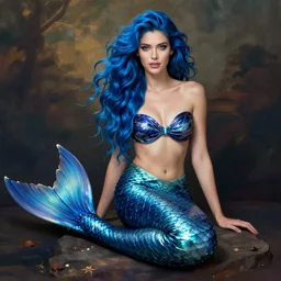 hyper realistic fashion photography of a beautiful mermaid with blue hair, a beautiful blue tail