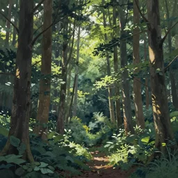 landscape forest, gouache matte painting by takashi takeuchi