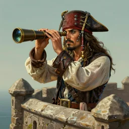 captain pirate looking trough a lunette telescope spyglass. from the top of a stone fort. intricate, elegant, highly detailed, digital painting, artstation, concept art, sharp focus, illustration, by justin gerard and artgerm, 8 k
