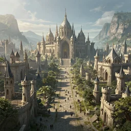 establishing shot of the capital city of a medieval fantasy kingdom