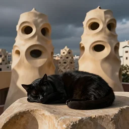 an evil black cat sleeping in the style of gehry and gaudi
