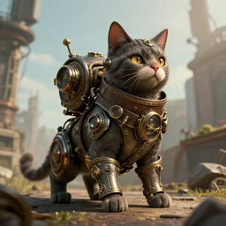 wide angle view, steampunk cat, concept art, digital art, extremely detailed, photorealistic, octane render, 8 k
