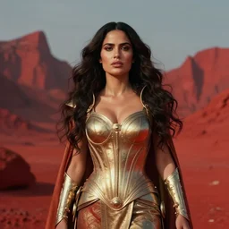 sci - fi art, salma hayek as mars queen, red peaks in the background, art by ismail inceoglu