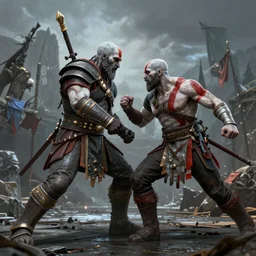 poseidon from god of war 3 fighting kratos, ultradetailed, by artstation, unreal engine, octane render, wide angle,
