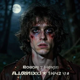 a beautiful but sinister young man in layers of fear, with haunted eyes and wild hair, 1 9 7 0 s, seventies, woodland, a little blood, moonlight showing injuries, delicate embellishments, painterly, offset printing technique, by brom, robert henri, walter popp, cinematic lighting, various refining methods, micro macro autofocus, ultra definition, award winning photo